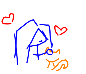 Meis petting an orange cat.