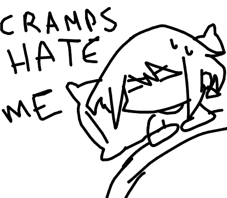Lio uncomfortably laying on a bed and the text: cramps hate me.