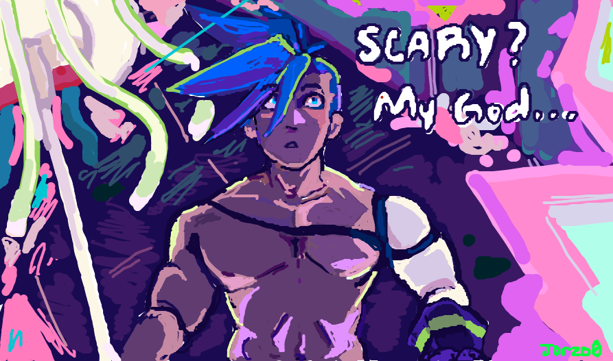 Galo Thymos surrounded by flames and holding matoi tech. He is looking up in awe and beside him is the text: Scary? My god...
