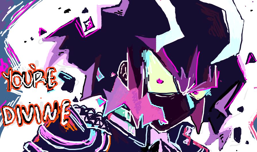 Lio Fotia is in his enraged form and beside him is the text: you're divine. Completing the sentence from the previous image.