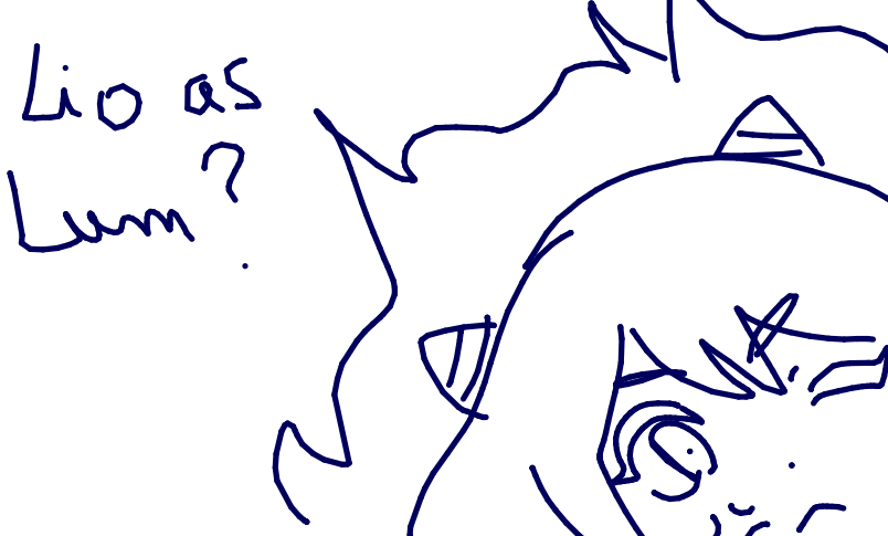Lio with Lum's oni horns. He is annoyed and surrounded by flames. Beside him is the text: Lio as Lum?.