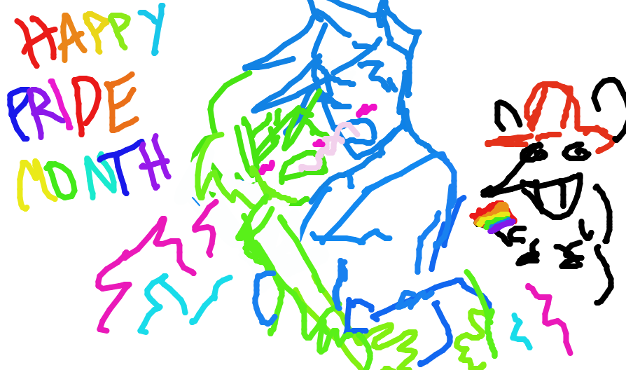 Strawpage anonymous drawing submission of Lio and Galo kissing, Vinny holding the LGBTQ pride flag, and the text: Happy pride month.