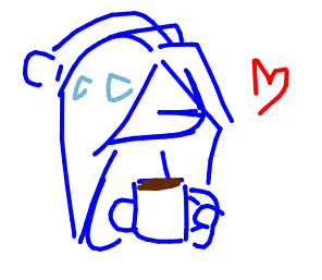 Meis wearing a night cap and drinking some coffee.